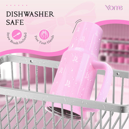 YOME 40 oz Bow Pink Tumbler with Handle and Flip Straw for Women | Stainless Steel Insulated Water Bottle | Keeps Drinks Cold | Dishwa