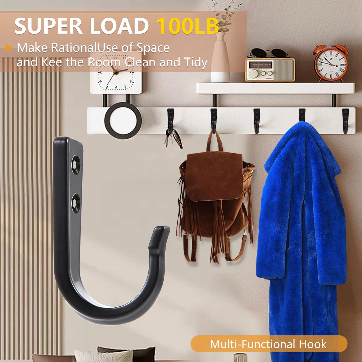 WODEGIFT 10Pcs Heavy Duty Wall Hooks for Hanging, Large Size Wall Hooks,Coat Hooks, for Backpacks, Coats, Cast Iron Pans and Other Heavy Items (Black Hooks)