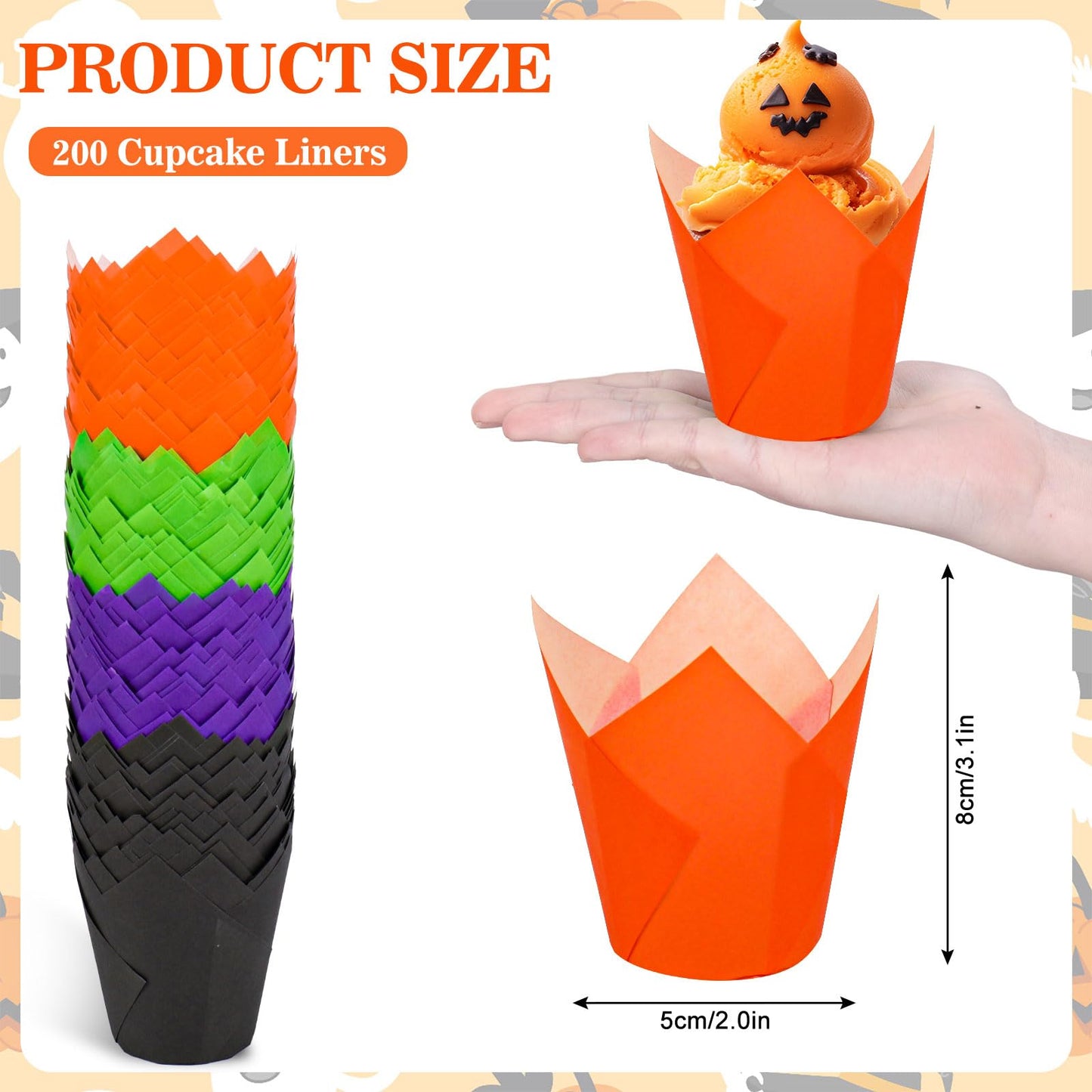 Whaline 200Pcs Halloween Tulip Cupcake Liners Black Orange Purple Green Tulip Baking Cups Muffin Cupcake Wrappers for Party Supplies Table Decor