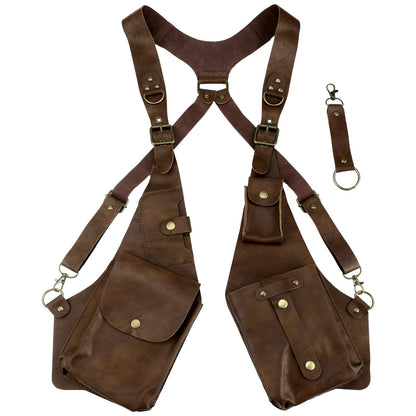 Anti-Theft Double Shoulder Underarm Bag Adjustable PU Leather Harness Chest Rig, Body Fit Vest Pouch with 4 Pockets, Vintage Viking Punk Crossbody Utility Bag for Travel Festival Cosplay