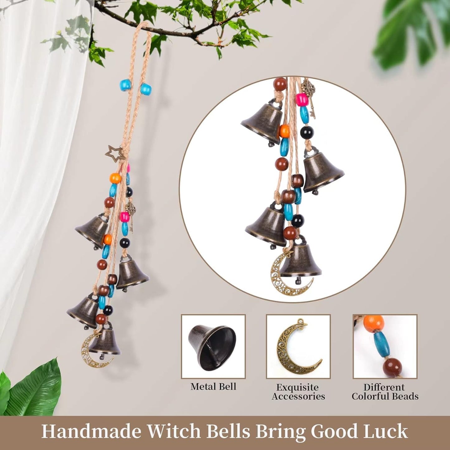 Handmade Witch Bells for Home Door Knob,Witch Decor Jingle Bell for Home Protection,2pc Brass Bells Hanging Witchcraft Witch Stuff Wicca Supplies Wreath Bell Wiccan Magic Wind Chimes