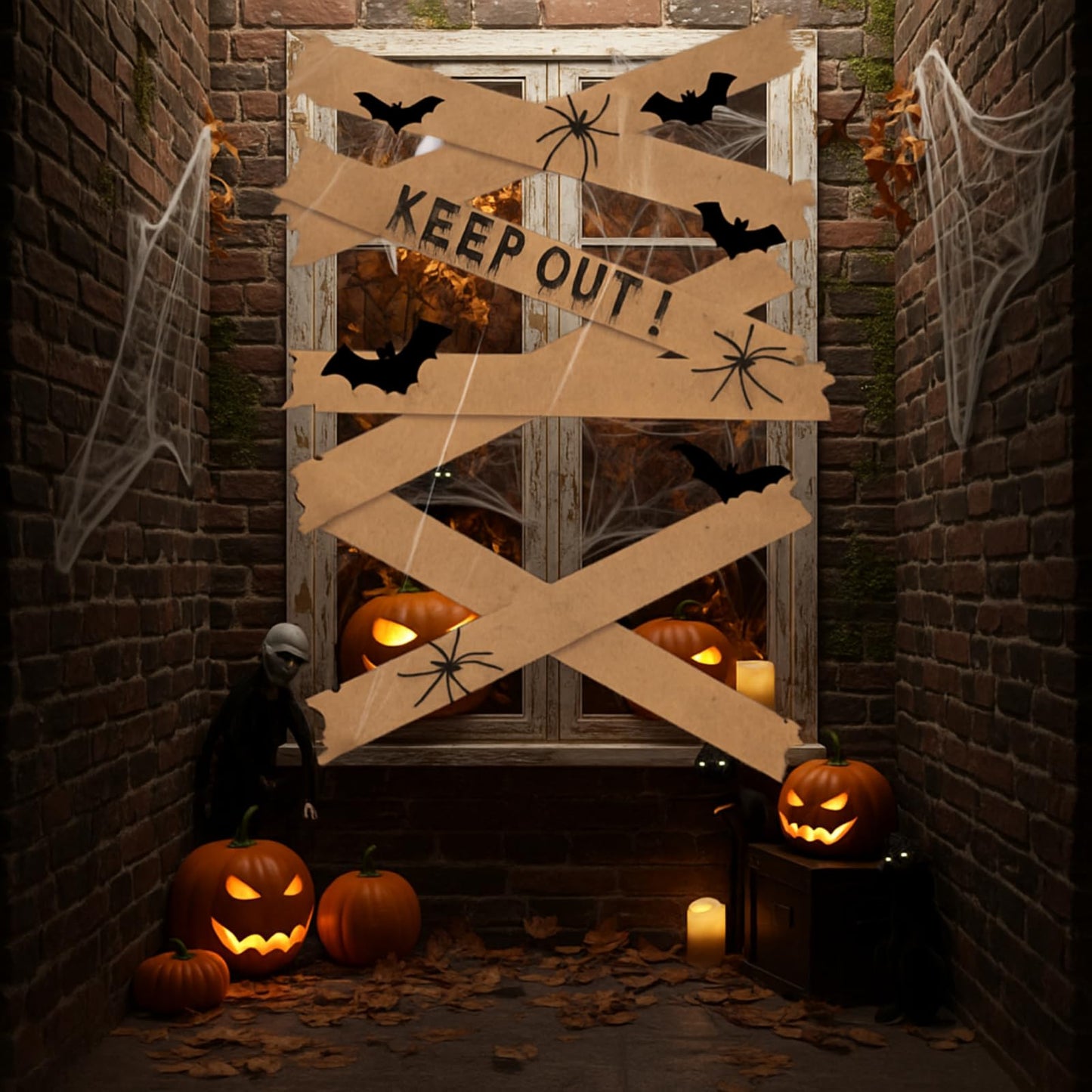 MotiMind Halloween Door Decorations Haunted Window Boards with "Keep Out" Board 3D Bat Stickers Simulation Spider Web Little Spider for Halloween Door Window Wall Terrifying Atmosphere Decor
