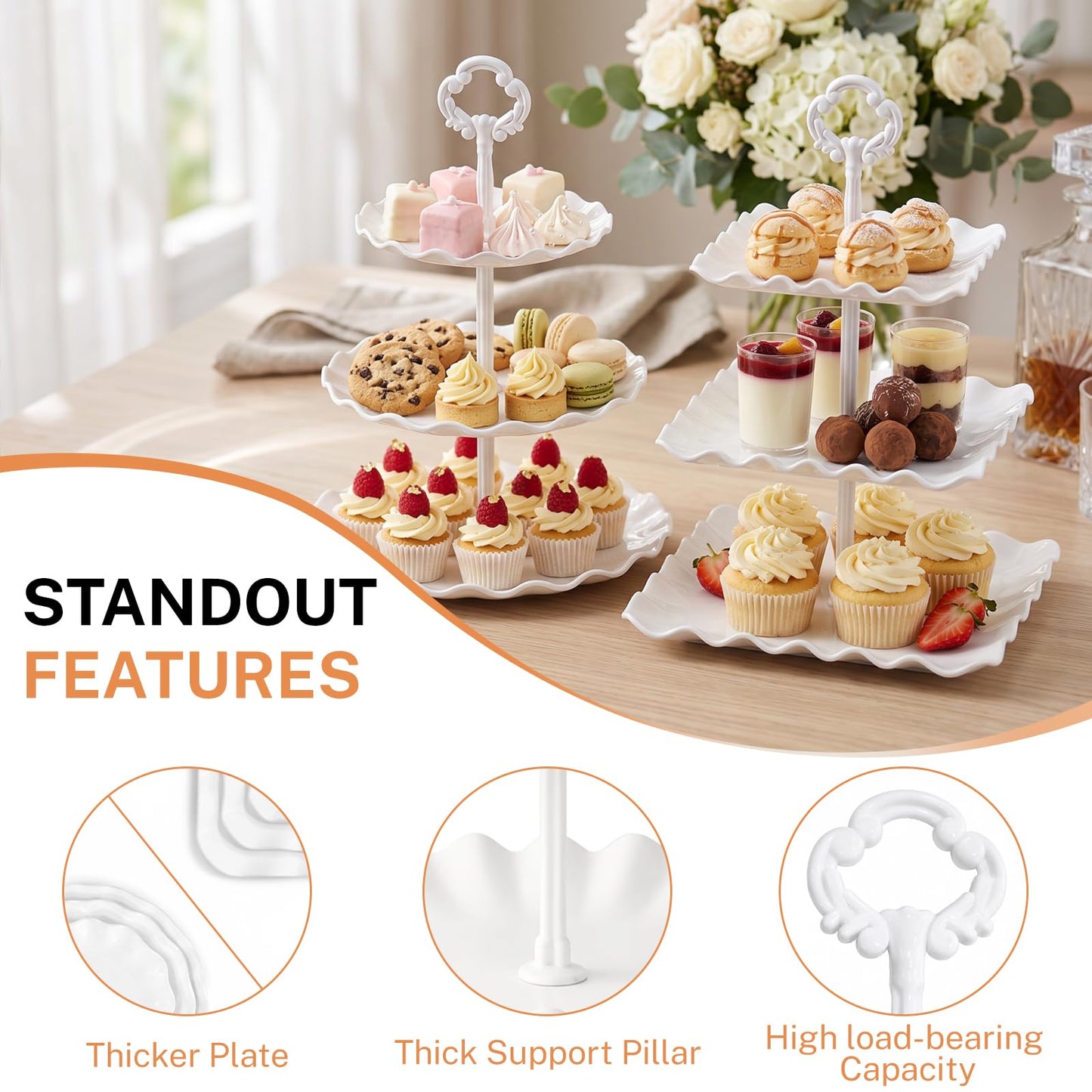 URLINE 10 Pcs Dessert Table Display Set -Plastic Dessert Table Display Set,4 x Large 3-Tier Cupcake Stands/Cup Cake Tier Tower & 6 X Serving Tray Combo for Tea Party, Birthday, Baby