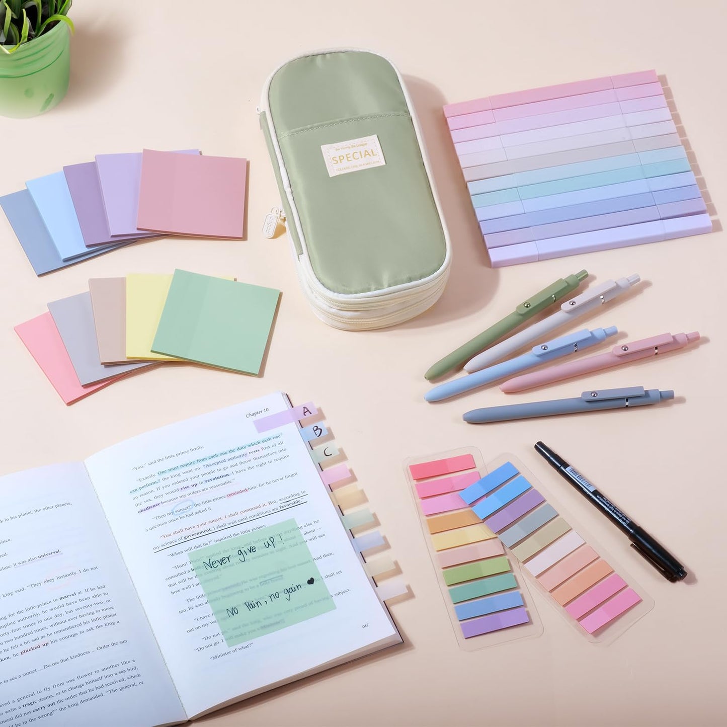 KOUDGY 49Pcs Book Annotation Kit - Aesthetic School Supplies with Cute Pen Case Highlighters Gel Pens and Marker, Sheets Transparent Index Tabs Sticky Notes Bible Study Supplies(Green)
