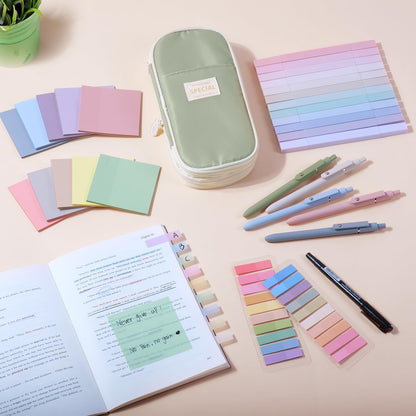 KOUDGY 49Pcs Book Annotation Kit - Aesthetic School Supplies with Cute Pen Case Highlighters Gel Pens and Marker, Sheets Transparent Index Tabs Sticky Notes Bible Study Supplies(Green)
