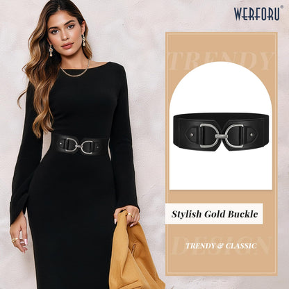 WERFORU Women Elastic Wide Waist Belts for Dresses Fashion Wide Stretchy Belts for Women Big Gold Buckle Thick Dress Belt, Black-silver buckle, M: Fit Waist Size 32"-35"