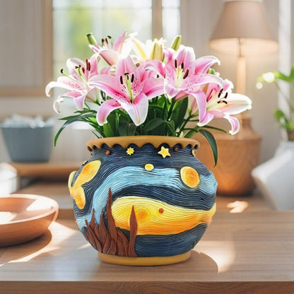 Starry Night Flower Pot – Fancy Theme Planter for Indoor & Outdoor Plants, Hand-Painted Plant Pot with Drainage Hole, Pretty Pot for Artificial or Real Plants, 6.8" Wide