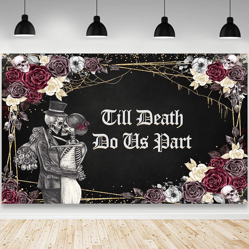 AIBIIN Halloween Till Death Do Us Part Backdrop Spooky Skull Gothic Wedding Photography Background Bridal Shower Bride and Groom Mr and Mrs Anniversary Party Decorations Banner 70.8 x 43.3 inch