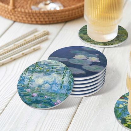 Ceramic Absorbent Art Coasters with Golden Holder Cork Base Set of 6 - Use 6 Famous Paintings, Unique Housewarming Gifts for Home Decorative (Claude Monet - Round - 2)