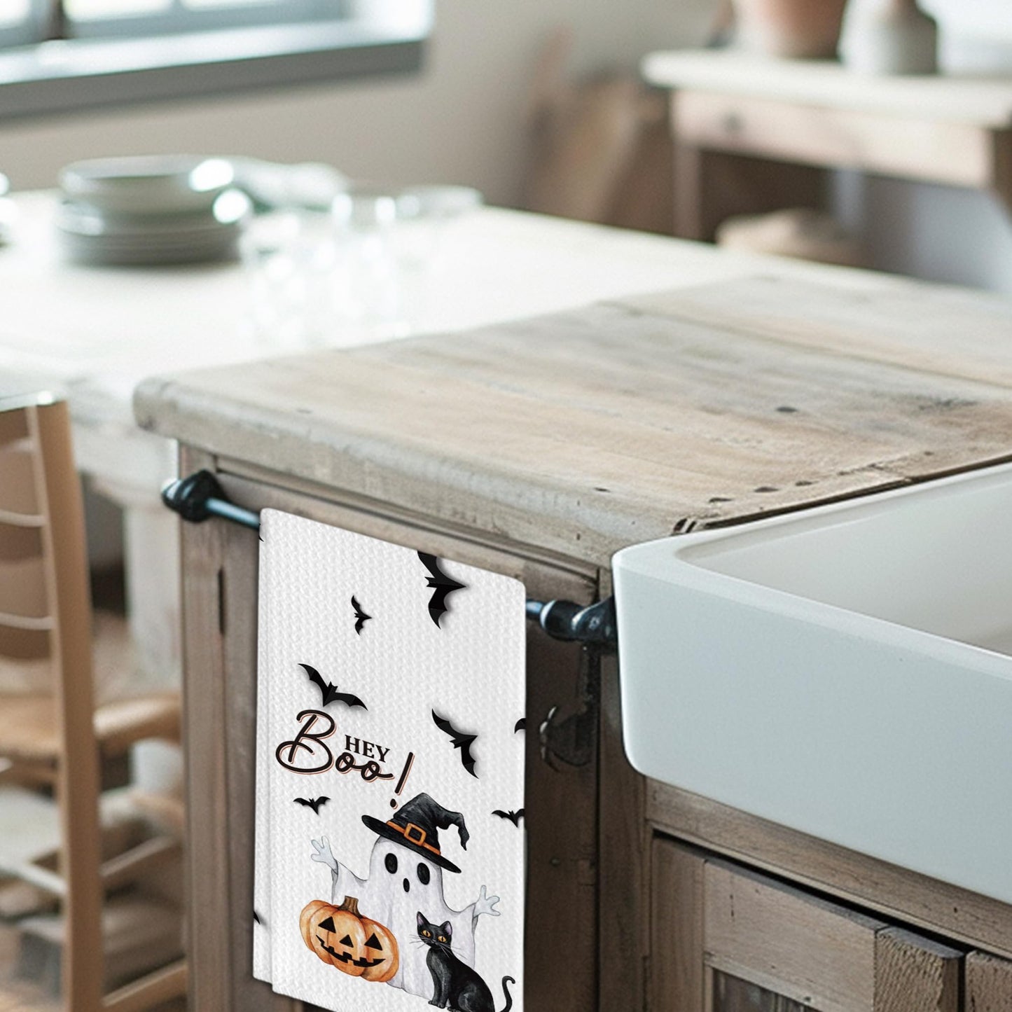 Foggolight Ghost Pumpkins Bats Cat Hey Boo Halloween Waffle Weave Kitchen Towels, 16x24 Inches