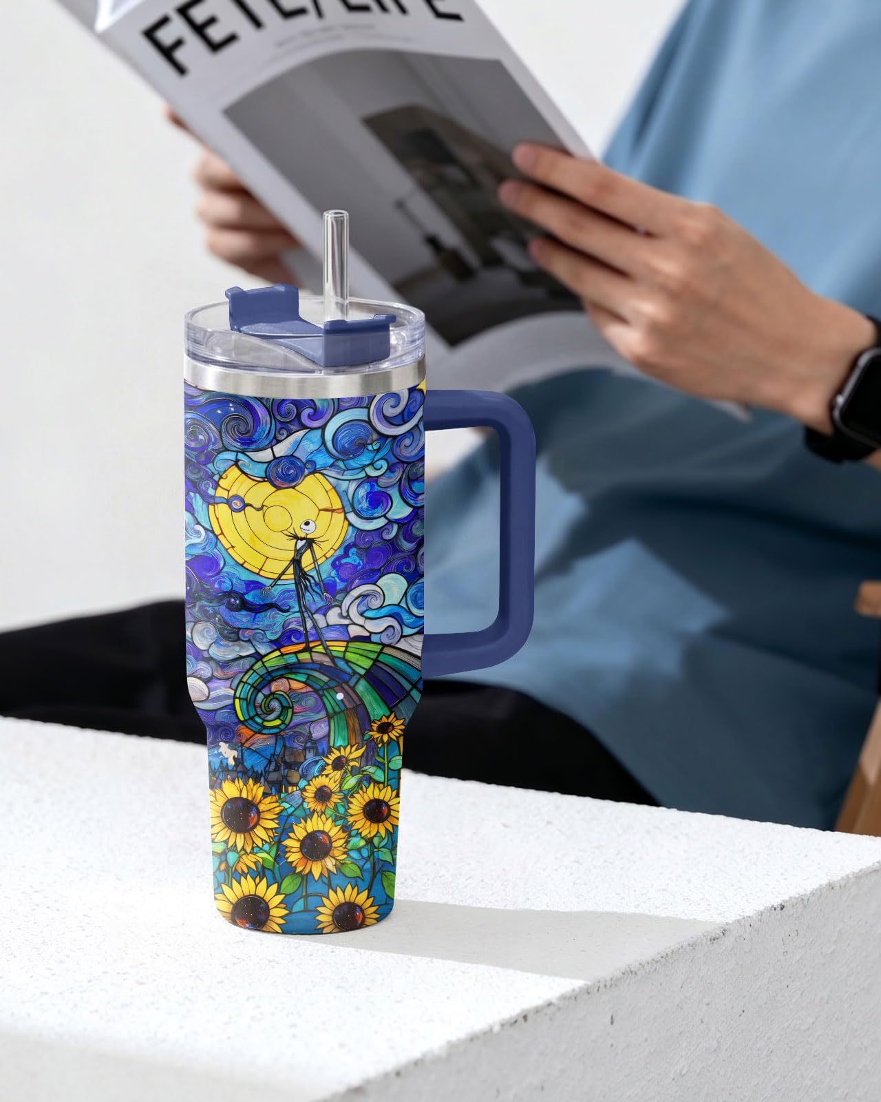 34HD Nightmare Skeleton Tumbler Starry Night Sunflower 40oz Tumbler Insulated Stainless Steel Gothic Art Coffee Cup Gifts for Movie Fans