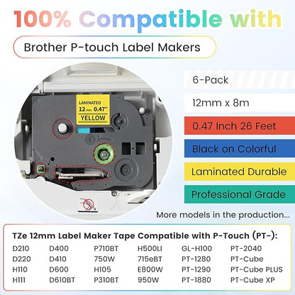 Label Maker Tape Colorful Compatible with Brother P-Touch Label Tape 12mm Laminated Black on White/Red/Blue/Green/Yellow/Clear TZe231 TZe131 TZe431 TZe531 TZe631 TZe731 for PTD210 D220 H110 H111 D410