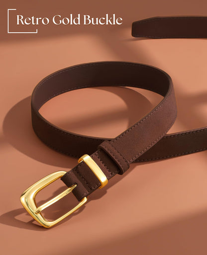 SANSTHS Women Suede Leather Belt for Dresses Jeans Fashion Retro Gold Buckle Ladies Waist Belts,Coffee,S