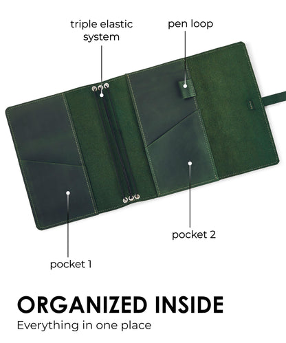 Leather Journal Cover – Refillable A5 Notebook Cover (5.8" x 8.3") with 3 Elastic Bands for Multiple Inserts, Genuine Leather Travel Diary Case with Pockets & Pen Holder Green (Inserts Not Included)