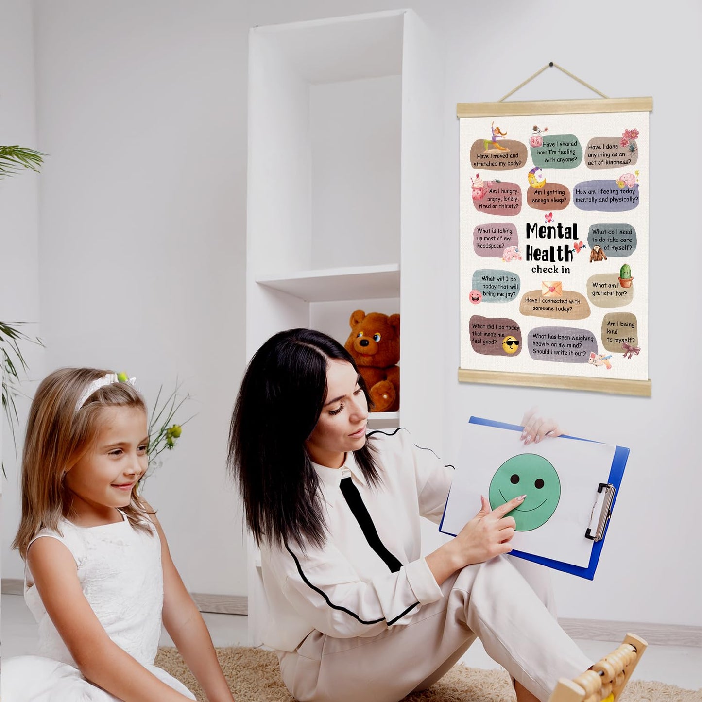 Mental Health Check In Wall Art, 18.5x14Inch Self Care and Emotional Awareness Poster for Classroom,Therapy Room, Mindfulness Reflection Canvas Hanging Chart, Motivational Mental Wellness Wall Art Decort