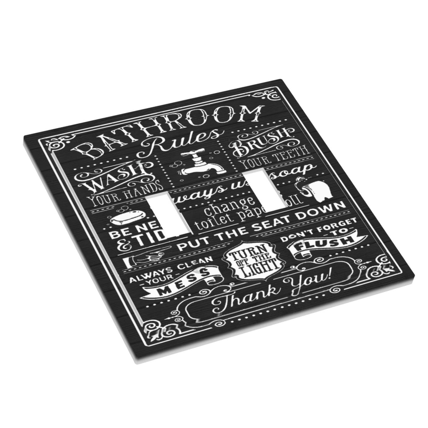 Family Funny Bathroom Rule Decorative Double Toggle Outlet Switch Wall Plate Home Western Bath Tub Toilet Washroom Inspirational Quote 2-Gang Light Switch Cover Electrical Receptacle Face Plate Cover