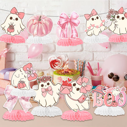 12 Pcs Pink Bow Ghost Honeycomb Centerpieces, Pink Halloween Party Favors Birthday Party Decorations Bow Ghost Centerpieces Decorations Supplies for Halloween Kids Teens Boys Girls Baby Shower