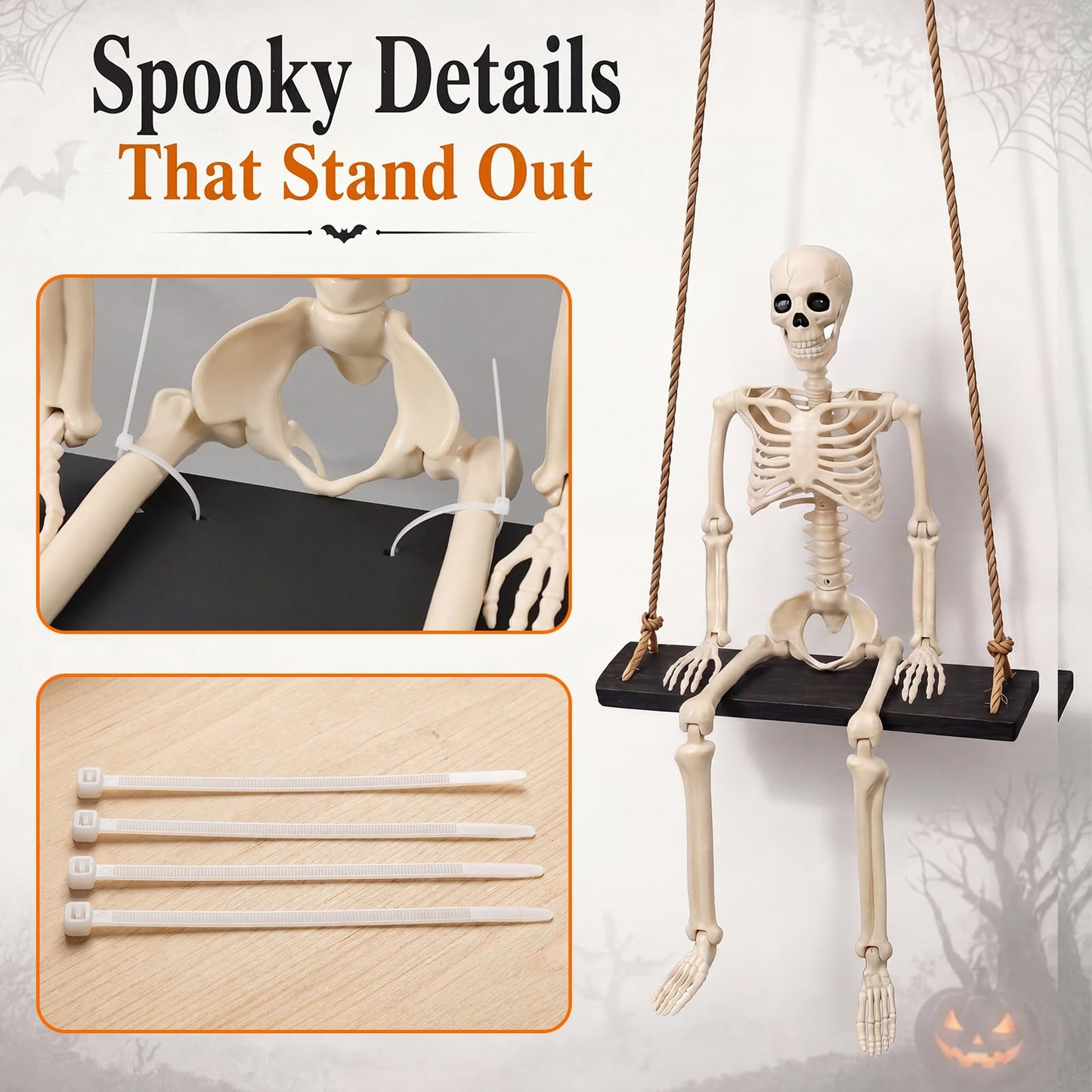 Sintuff Halloween Swinging Skeleton on Swing, Outdoor Swinging Ghost Decor, 35.4" Hanging Skeleton with 13.8" Wooden Seat for Yard, Porch, Tree, Spooky Halloween Decorations