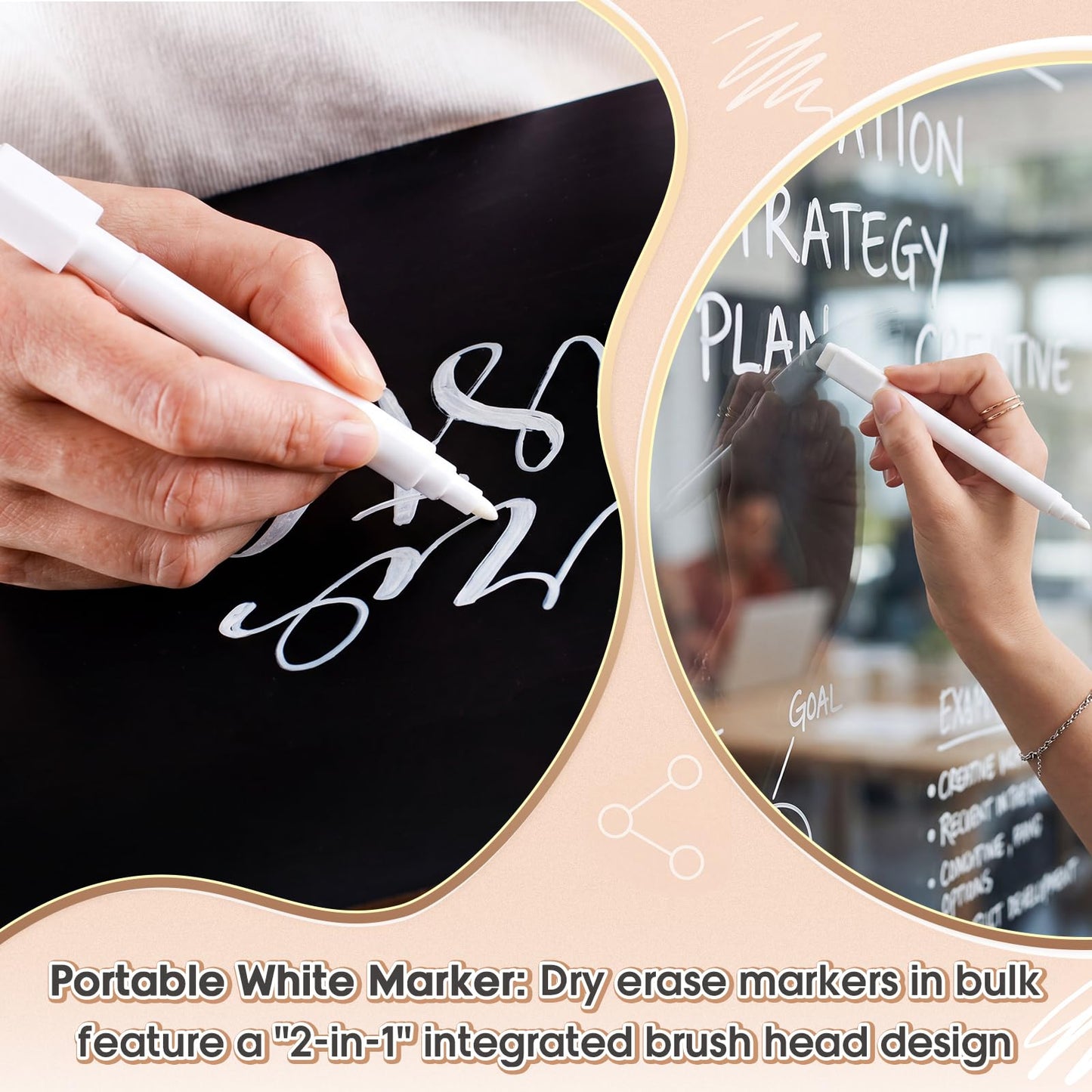 Poola Voidra 200 Pcs White Dry Erase Markers Pens Dry Erase Marker with Eraser Cap White Chalk Markers Pens Fine Point Tip Erases Marker Bulk Low Odor Blackboard Marking Pen for Office School Home
