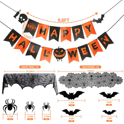 Indoor/Outdoor Halloween Decor Set - Mantel Scarf, Spider Table Runner, 3D Bats & Spiders, Happy Halloween Banner