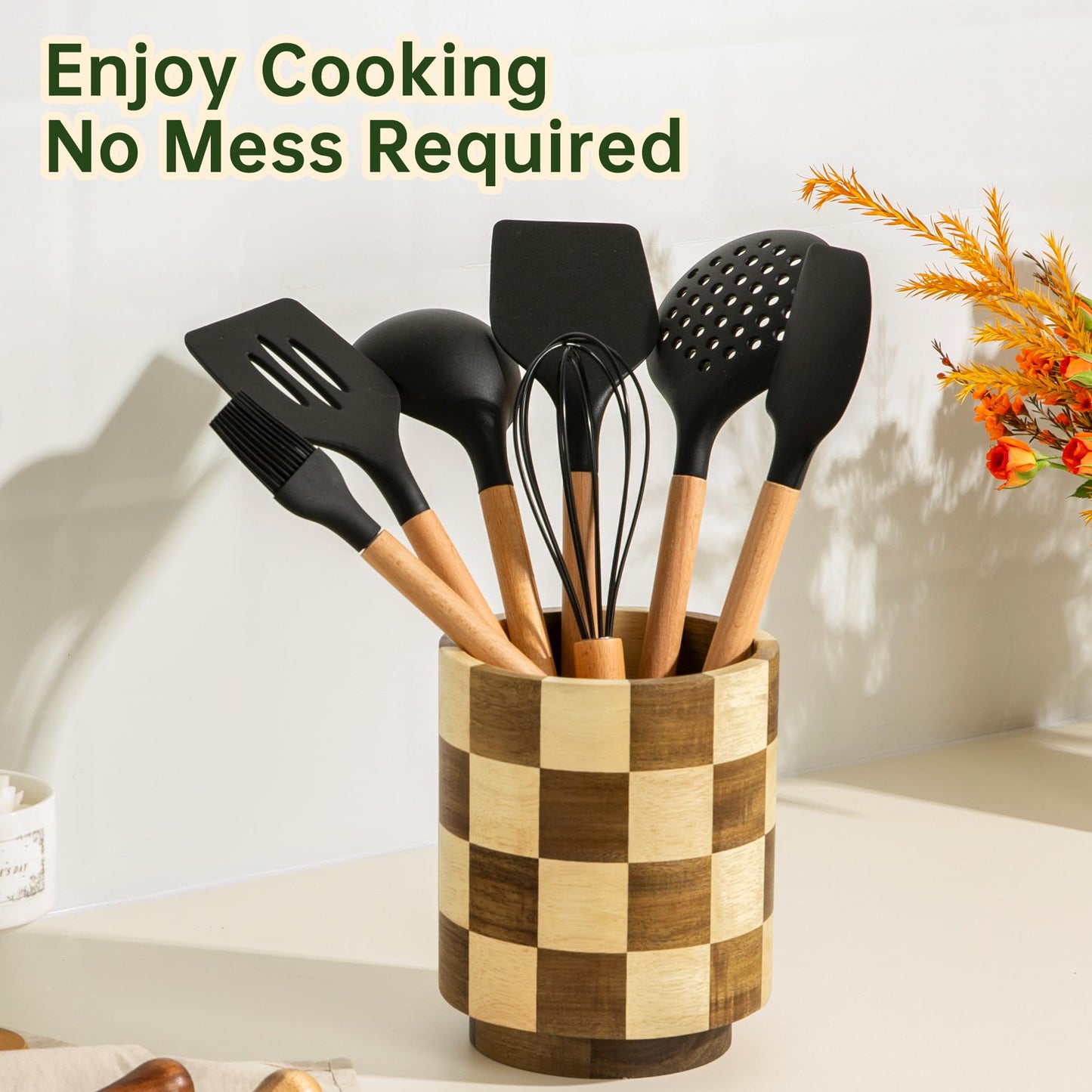 Fyctio Wooden Utensil Holder, 360° Rotating Acacia Wood Kitchen Utensil Holder for Countertop, 7.2" Non-Slip Large Utensil Holder for Kitchen, Farmhouse Countertop Decor, Spatula Holders, Checkered
