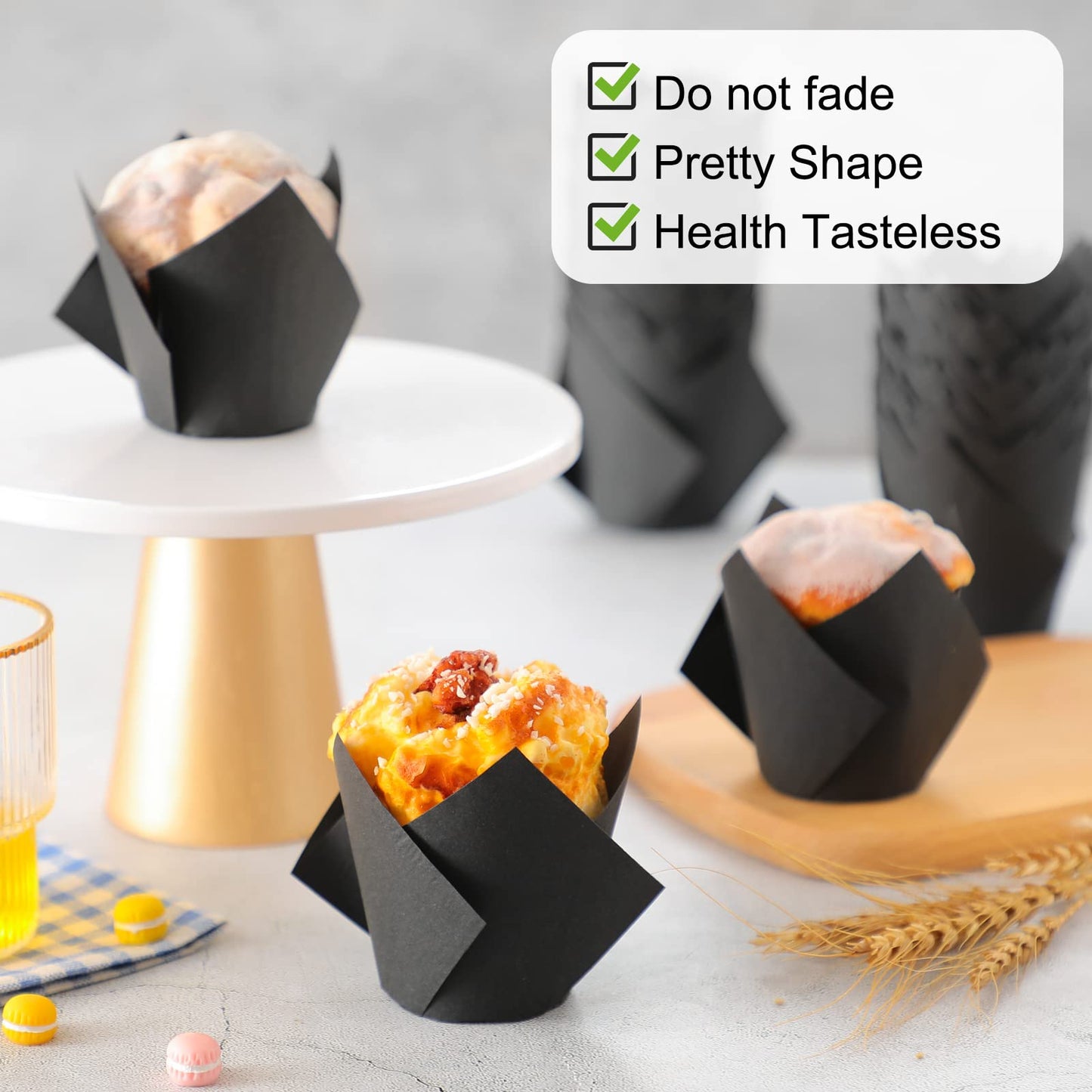 Jutom 200 Pack Tulip Cupcake Liners Paper Baking Cups Greaseproof Muffin Liners Grease Resistant Cupcake Wrappers for Weddings Birthday Cake Balls Muffins Candy Jelly Party(Black)