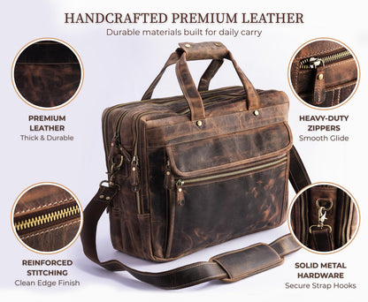 Brown Leather Messenger Bag for Men, Genuine Leather Briefcase Fits 15 Inch Work Satchel for Office, Business, and Travel Use