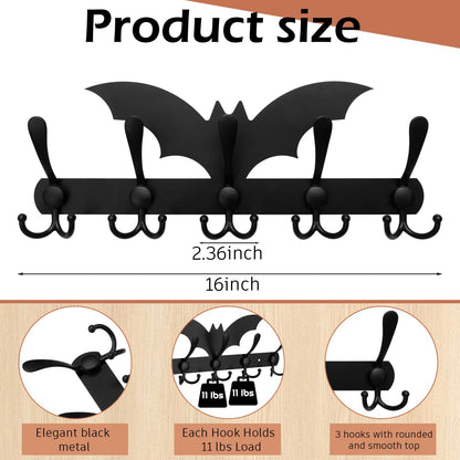 Shimeyao Coat Rack Wall Mount Halloween Christmas Gothic Home Decor Goth Key Hook Heavy Duty 5 Tri Coat Hooks Spooky Black Metal Key Holder for Entryway Hat Jacket Bag Towel Hanger Gift(Bat)