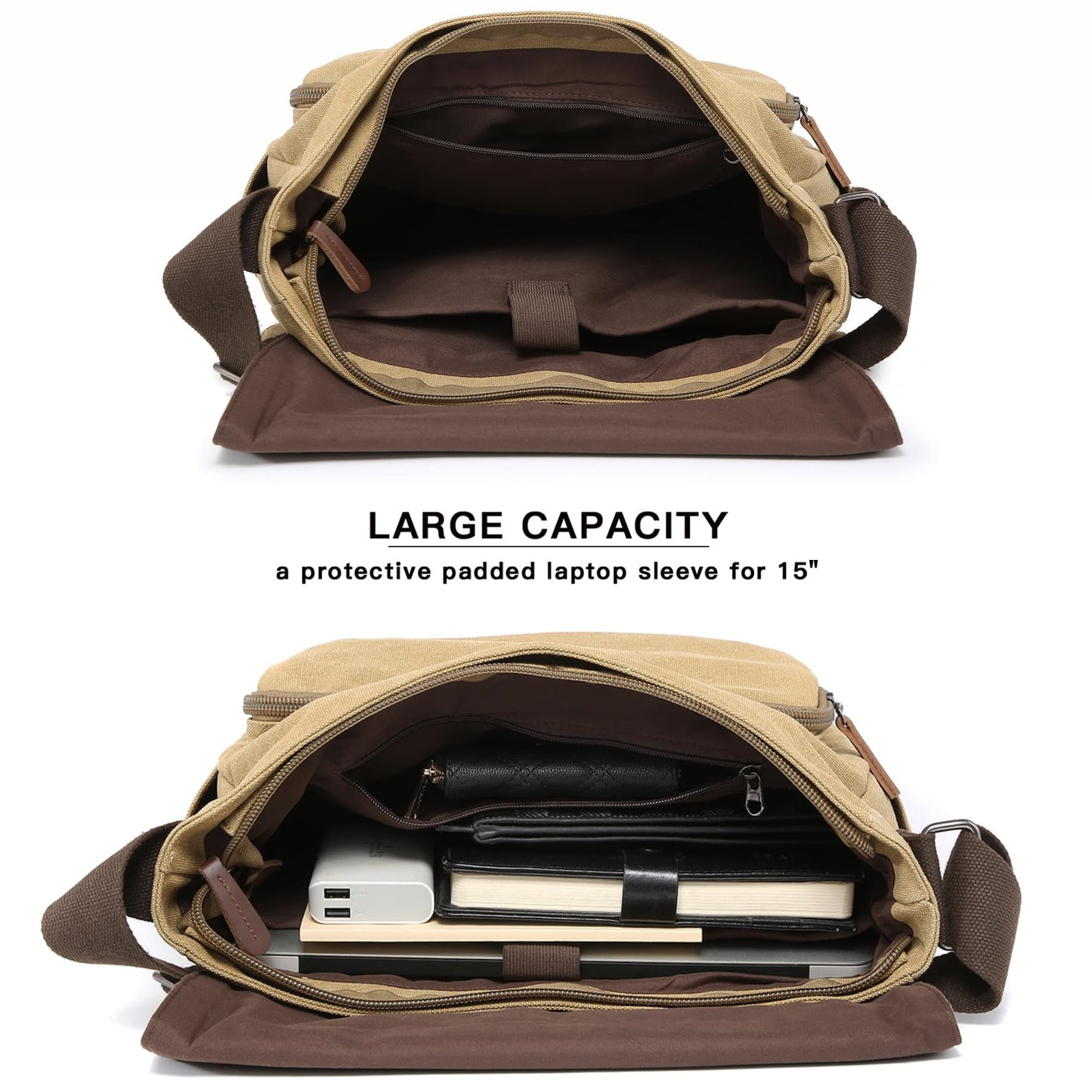 Dasein Large Vintage Canvas Messenger Shoulder Bag, Beige, 15in Laptop