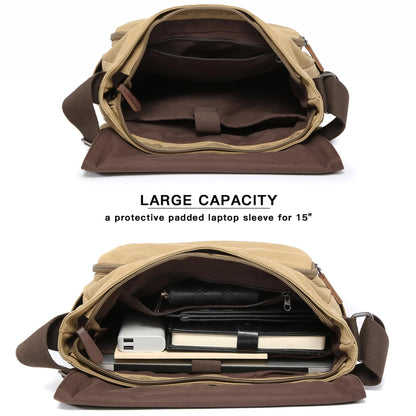 Dasein Large Vintage Canvas Messenger Shoulder Bag, Beige, 15in Laptop