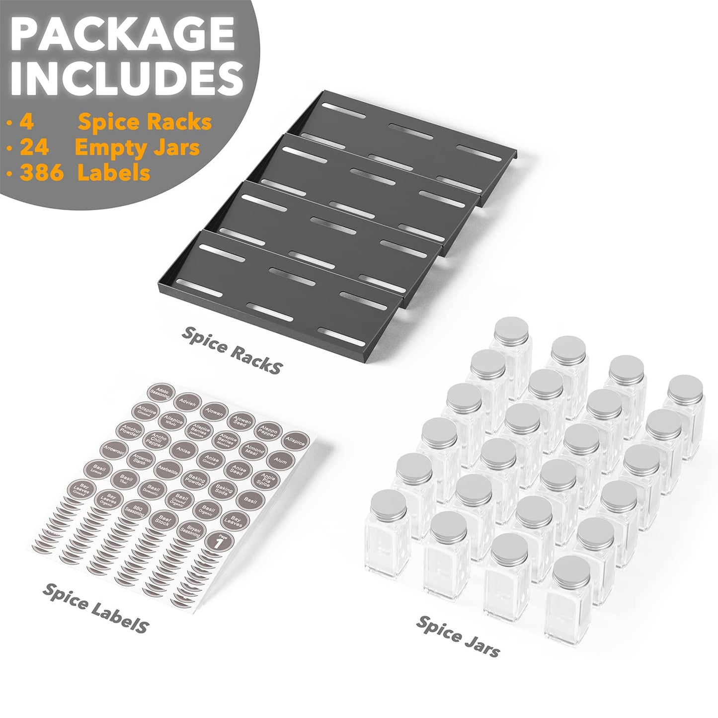 SpaceAid Spice Drawer Organizer with 28 Spice Jars, 386 Spice Labels, 4 Tier Seasoning Rack Tray Insert for Kitchen Drawers, 13" Wide x 17.5" Deep