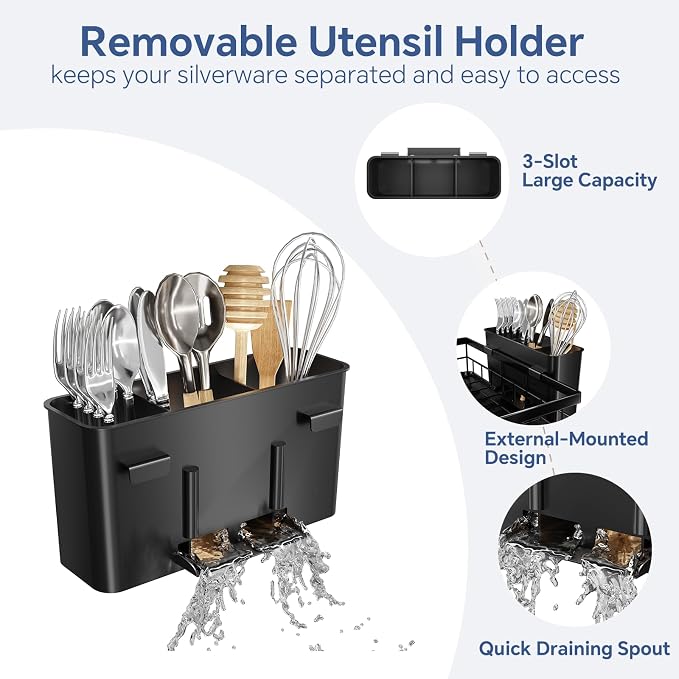 Simple Trending Dish Rack, Stainless Steel Dish Drying Rack for Kitchen Counter, Large Capacity 2-Tier Dish Drainer Organizer with Utensil Holder, Black