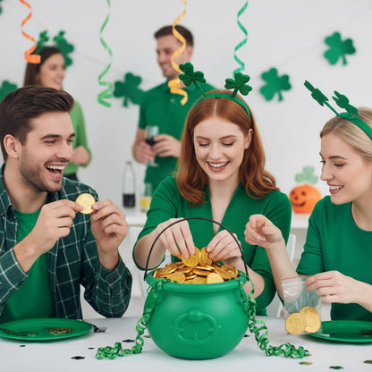 Soulchen 7.6" St Patricks Day Cauldron Plastic Pot of Gold Bucket Cauldron Kettle Leprechaun Irish Party Decoration Favors Supplies for Coins Candy(Green)