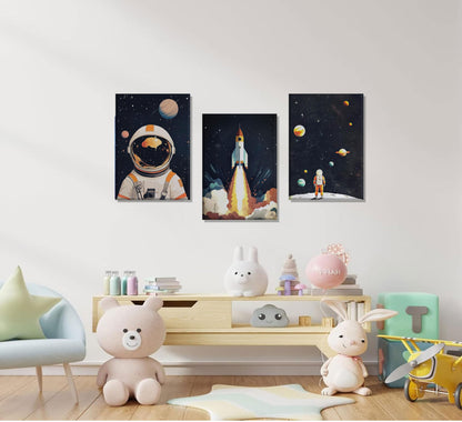 3Pcs Space Astronaut Canvas Wall art Cute Astronaut Nursery Galaxy Posters Modern Space Themed Print Rocket Pictures Toddler Boy Room Wall Decor for Adventure Kids Bedroom Nursery Room Framed