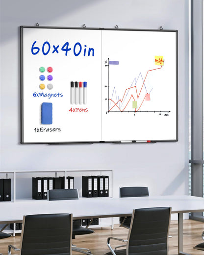 60"X 40" Large Magnetic Dry Erase Whiteboard, Wall Hanging Board with 8 Pens & 4 Dry Erasers & 30 Magnets, Sliver Aluminum Frame Black