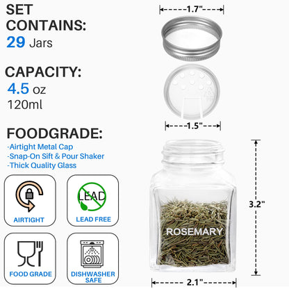 MIUKAA Unique Design Spice Jars with 372 Labels, 29-Pack 4.5 oz Personalized Cubic Clear Glass Spice Jars with Shakers, Lids, Empty Square Reusable Kitchen Storage Containers