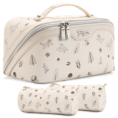 BOYATU Travel Makeup Bag Cosmetic Bags for Women: 3 Pcs Set Portable Make up Bag with Handle - PU Leather Toiletry Bags with Compartments - Makeup Organizer for Travel Essentials(L-4-White)