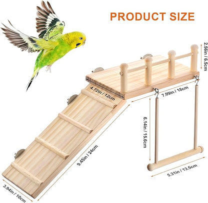 Wooden Bird Habitat Platform with Swing and Ladder - Sturdy Long Tailed Parrot cage Accessory, Suitable for Exercising and Entertaining Bird Games Gym - Perfect for Parrots, Canaries, Sparrows