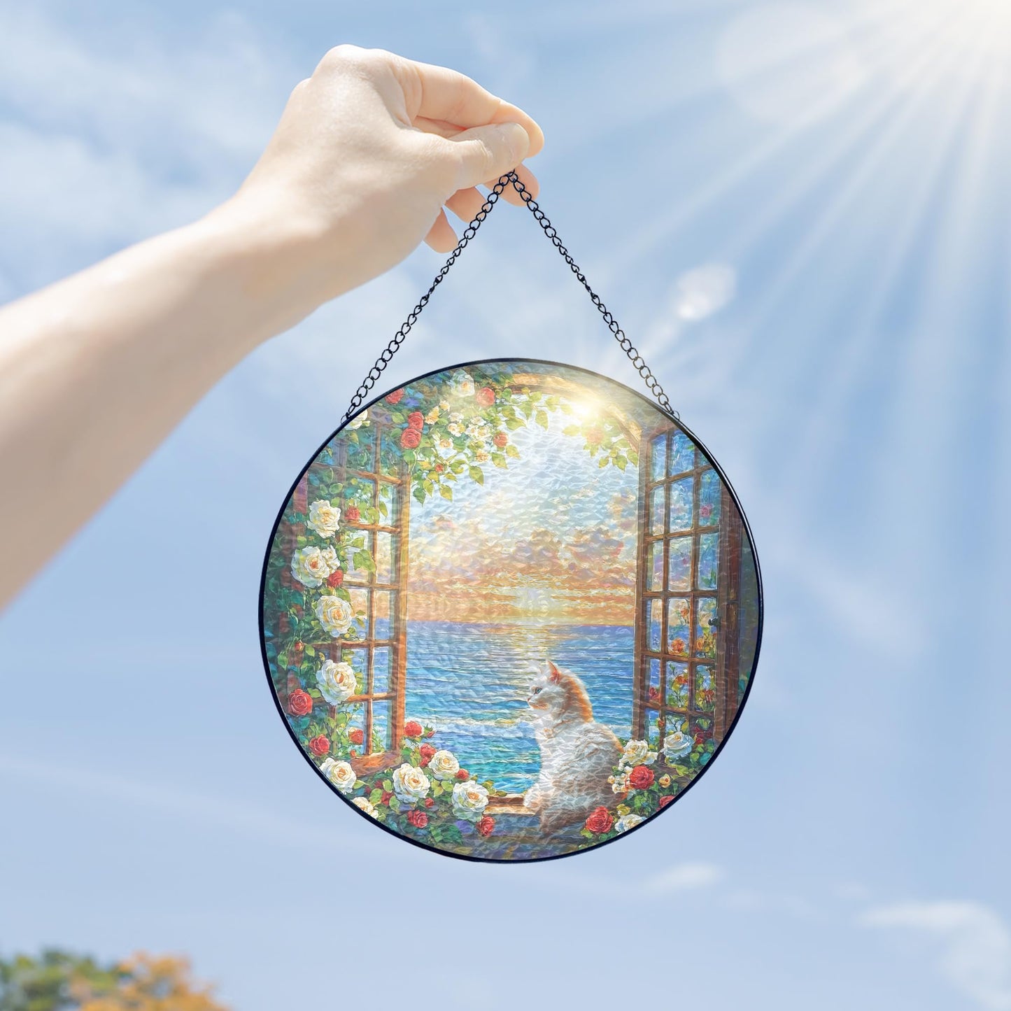 FLAGWIX Cat Gifts for Women - Stained Glass Window Hanging 8 in - Beach Gifts for Women Mom Grandma, Gift for Cat Lovers, Suncatcher Decor for Home, Best Coastal Decor