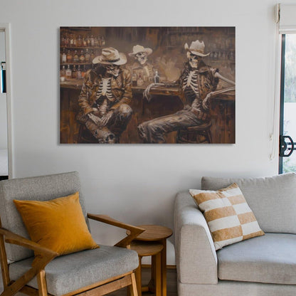 Skeleton Cowboy Saloon Trio Western Rustic Canvas Printing Wall Art Posters Prints Bohemian Aesthetic Bar Scene Oil Style Wall Decor for Living Room Bedroom Bar Office Den 12x18inch(30x45cm)
