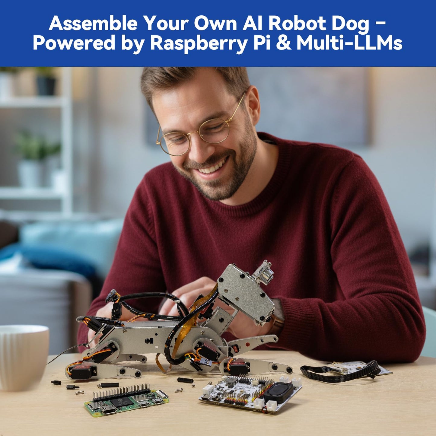 SunFounder AI Robot Kit with Raspberry Pi Zero 2 W+32G TF Card, ChatGPT-4o Enabled with Voice Command & Video Recognition, App Control, FPV, 12 Servos, Gyroscope, Camera, Mic