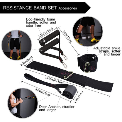 TheFitLife Exercise Resistance Bands with Handles - 5 Fitness Workout Bands Stackable up to 110/150 lbs, Training Tubes with Large Handles, Ankle Straps, Door Anchor Attachment, Carry Bag (150 LBS)