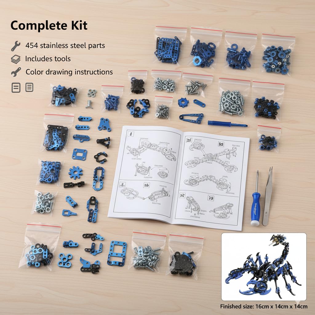 Scorpion 3D Metal Puzzles for Adults, 454PCS Stainless Steel DIY Mechanical Metal Model Kits, No Glue Assembly with Movable Joints, Challenging Metal Building Kit Desk Decor Gift(Blue-Black)