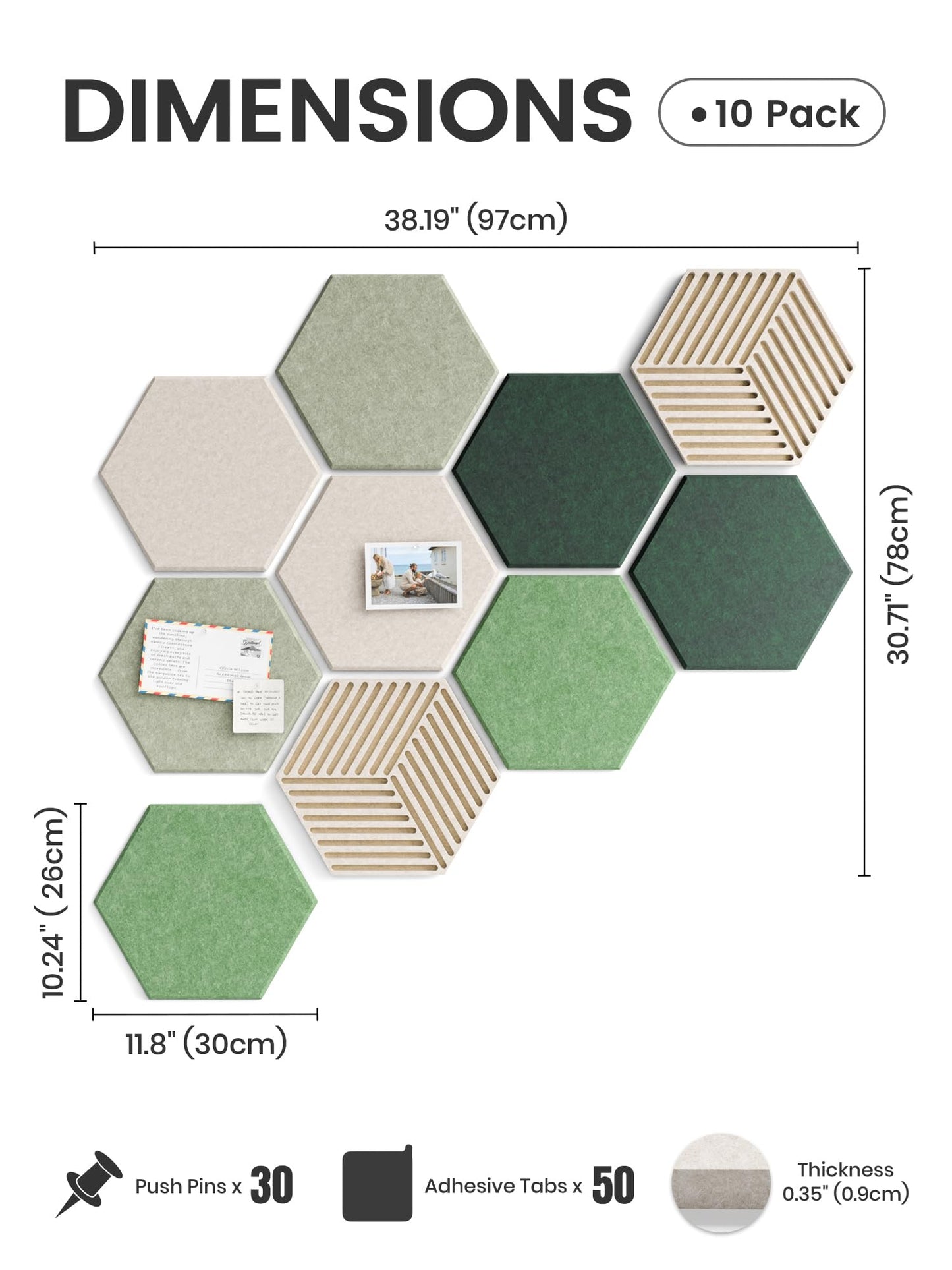 Fluxynara Hexagon Cork Board Alternative for Walls Decor-10-Pack Felt Bulletin Board Tiles,with 30 Pushpins,50 Adhesive Tabs for Office,Classrooms & Home Pin Board Felt Board-Sagewood