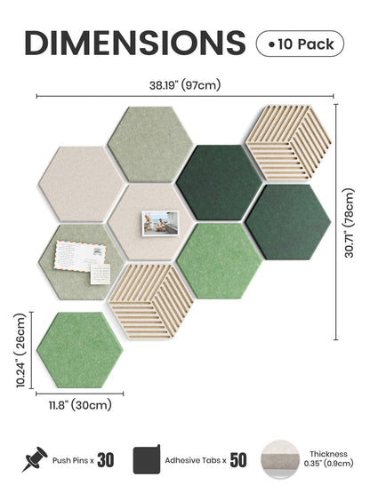 Fluxynara Hexagon Cork Board Alternative for Walls Decor-10-Pack Felt Bulletin Board Tiles,with 30 Pushpins,50 Adhesive Tabs for Office,Classrooms & Home Pin Board Felt Board-Sagewood