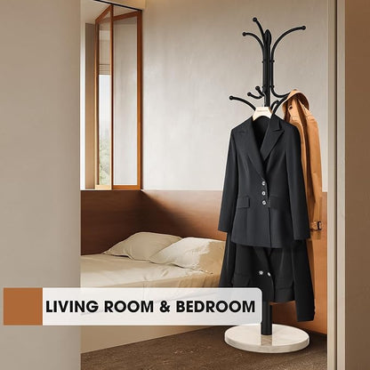 Coat Rack Freestanding,12 Hooks Coat Racks with Natural Marble Base & Umbrella Holder,Easy Assembly Coat Rack Stand for Hanging Scarf,Purse,Hats,Jacket(Black)