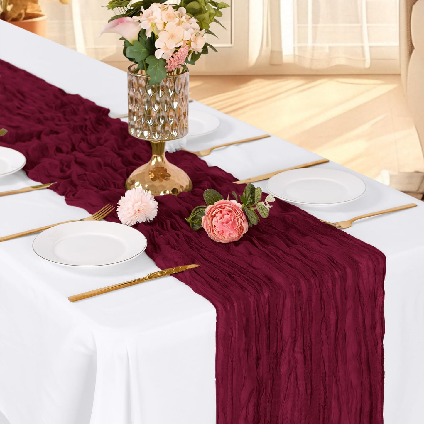 Yorcari 3 Pack Burgundy Cheesecloth Table Runner, 17 x 108 Inch, Gauze Cheese Cloth Table Runner Rustic Sheer Runner for Wedding Birthday Party Baby Shower Table Decor(Burgundy)