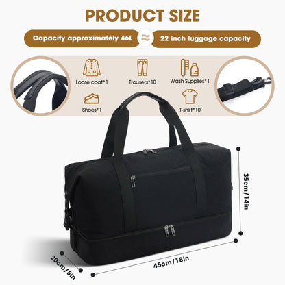 Oeihuivt Weekender Bags for Women with 3 Extra Pack - 21 Inch Large Travel Duffel Bag Set with Shoe Compartment, Heavy-Duty Nylon Carry on Overnight Tote, Black