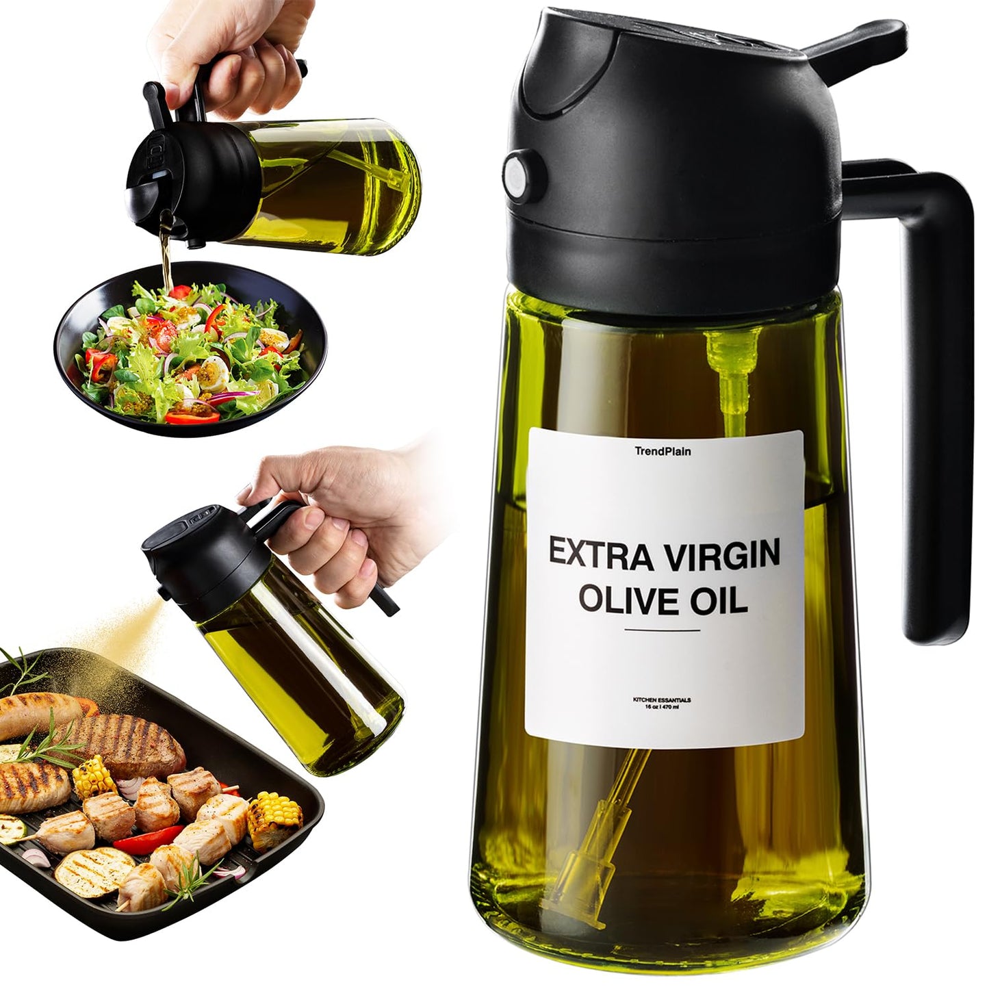 TrendPlain - Original 16oz/470ml Olive Oil Dispenser Bottle for Kitchen Gadgets and Air Fryer Accessories - Olive Oil Sprayer for Cooking w/Stickers - Black&Green