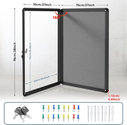 Enclosed Bulletin Board Lockable Display Case Message Board with Locking Door for Indoor, Grey Felt, Black Aluminum Frame, 38 X 28 in